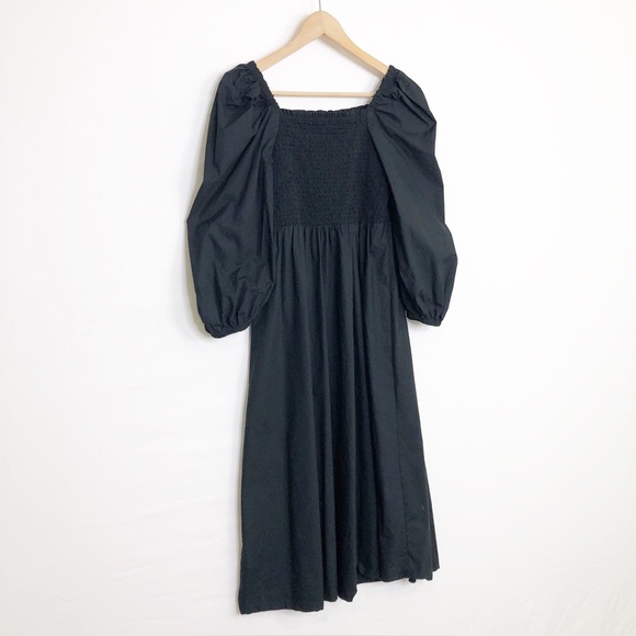 J Crew black smocked bodice puff sleeve, midi dress - Picture 2 of 11